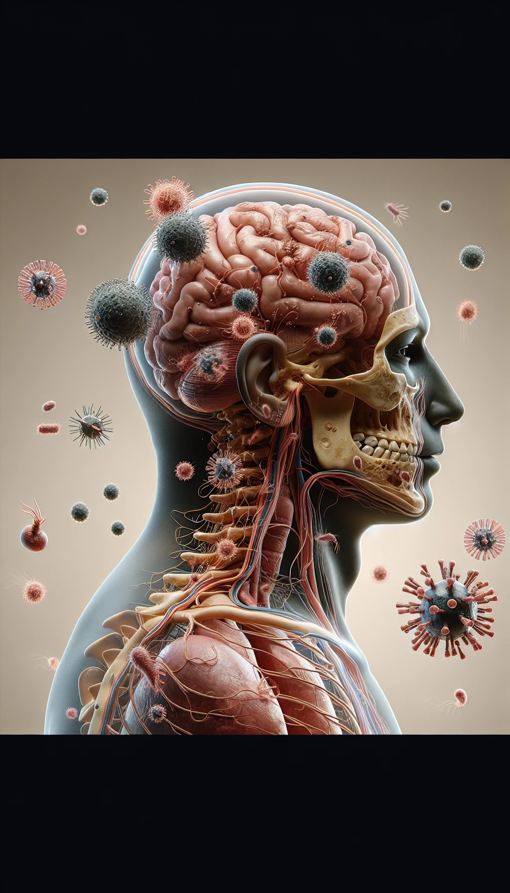corpo umano anatomico di profilo con virus e parassiti che cercano di attaccarlo , sfondo neutro chiaro, iperrealistico 4k emoji