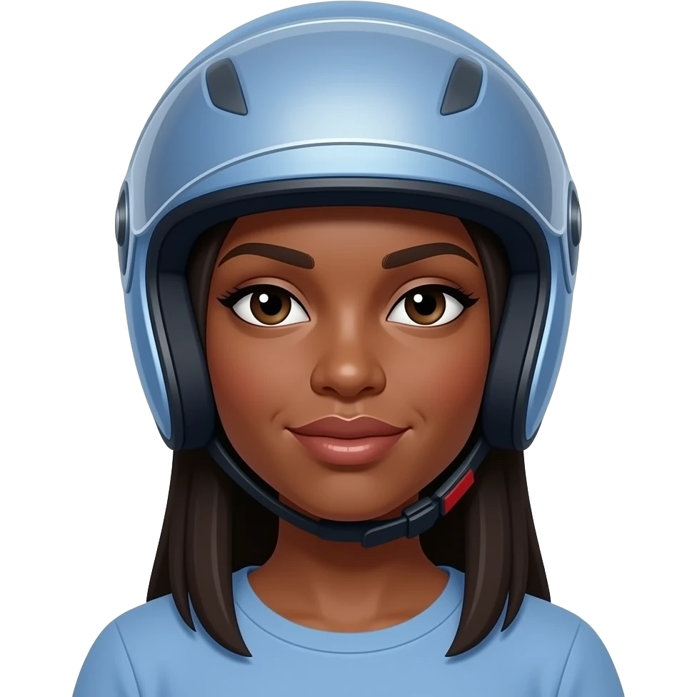 mujer morena de cabello lacio con Casco de moto color lila azul emoji