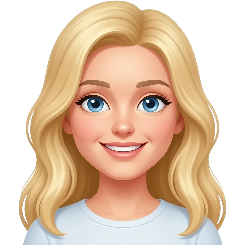 femme blonde, yeux bleus, sourire, rêveuse, cheveux longs, belle emoji