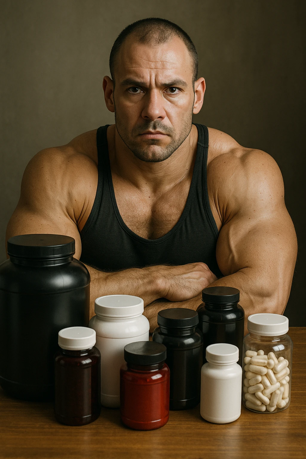 realistic image of a bodybuilder with many supplements, serious and aware look that they are not a miraculous solution, natural details, aspect ratio 2:3 emoji