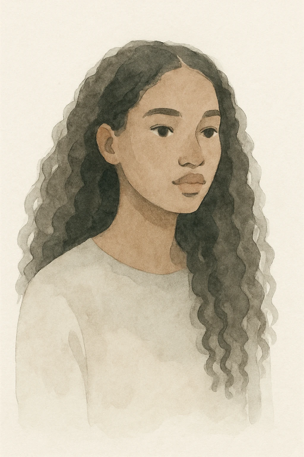 portrait of a dark-skinned girl with long curly hair, watercolor style emoji