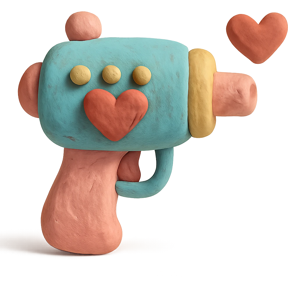 claymation style love gun with pastel colors and heart details emoji