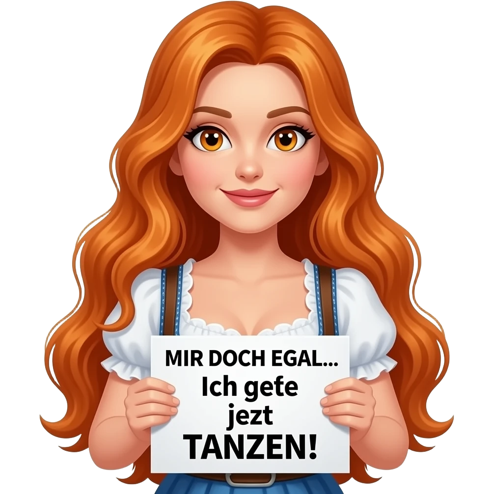 sexy girl with overlong ginger hair and ginger eyes wearing a dirndl holding MIR DOCH EGAL... Ich gehe jetzt TANZEN! sign emoji