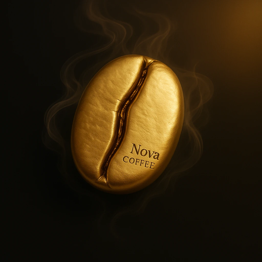 Recreate the golden coffee bean with the exact same shape and orientation as in the reference image, but with much more detail and the highest possible quality. The bean should be highly realistic, clean, minimalist, and luxurious. Add the text 'Nova Coffee' in the lower right area of the bean, using a straight, non-rotated, easy-to-read, premium font. The text should be slightly smaller, subtle, and elegant, enhancing the premium feel without overpowering the design. Retain the soft swirling mist, black background with a soft golden glow in the corners, and transparent edges. emoji