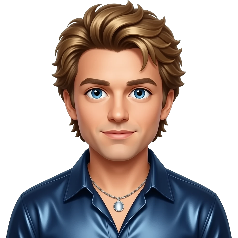 Joey McIntyre from NKOTB with blue eyes, golden brown 90s feathered layer hair, dark blue metallic shirt, necklace emoji