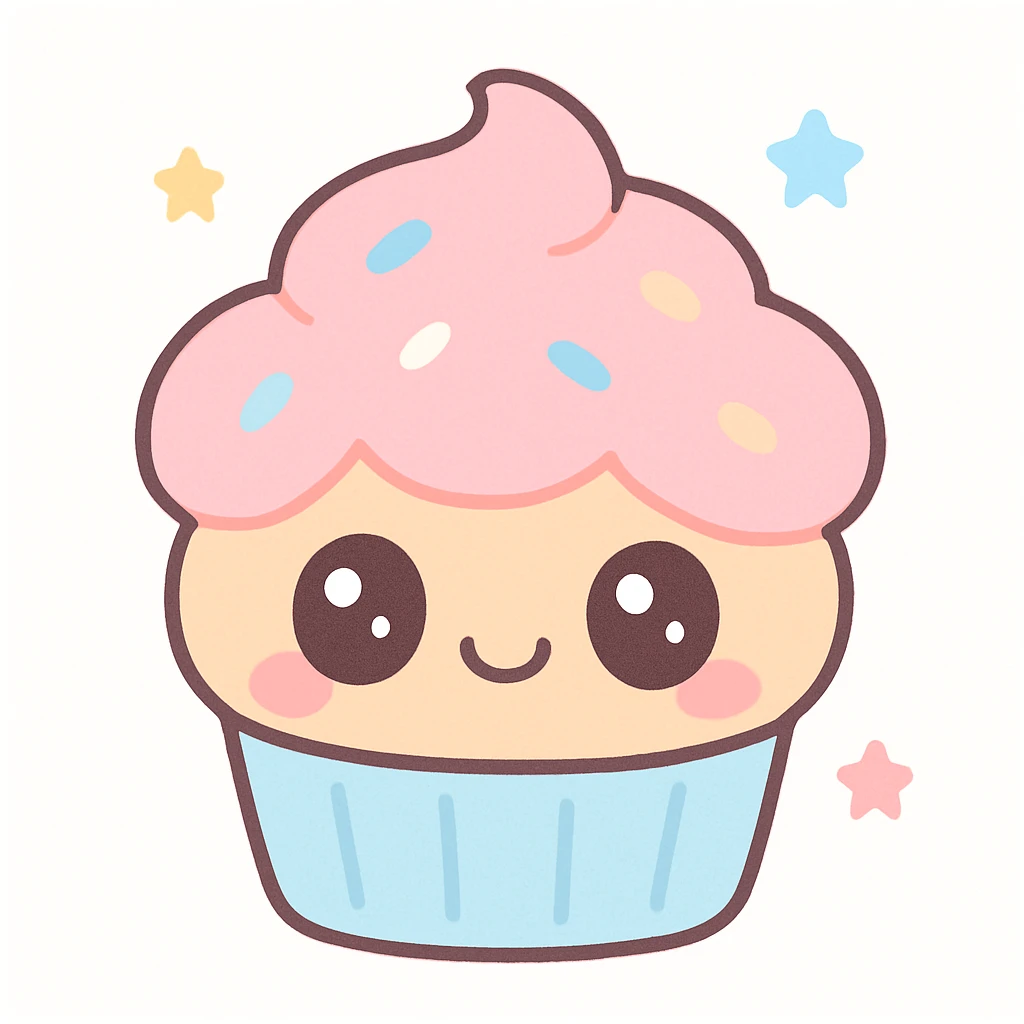 cute cupcake with pink icing, kawaii cartoon style emoji