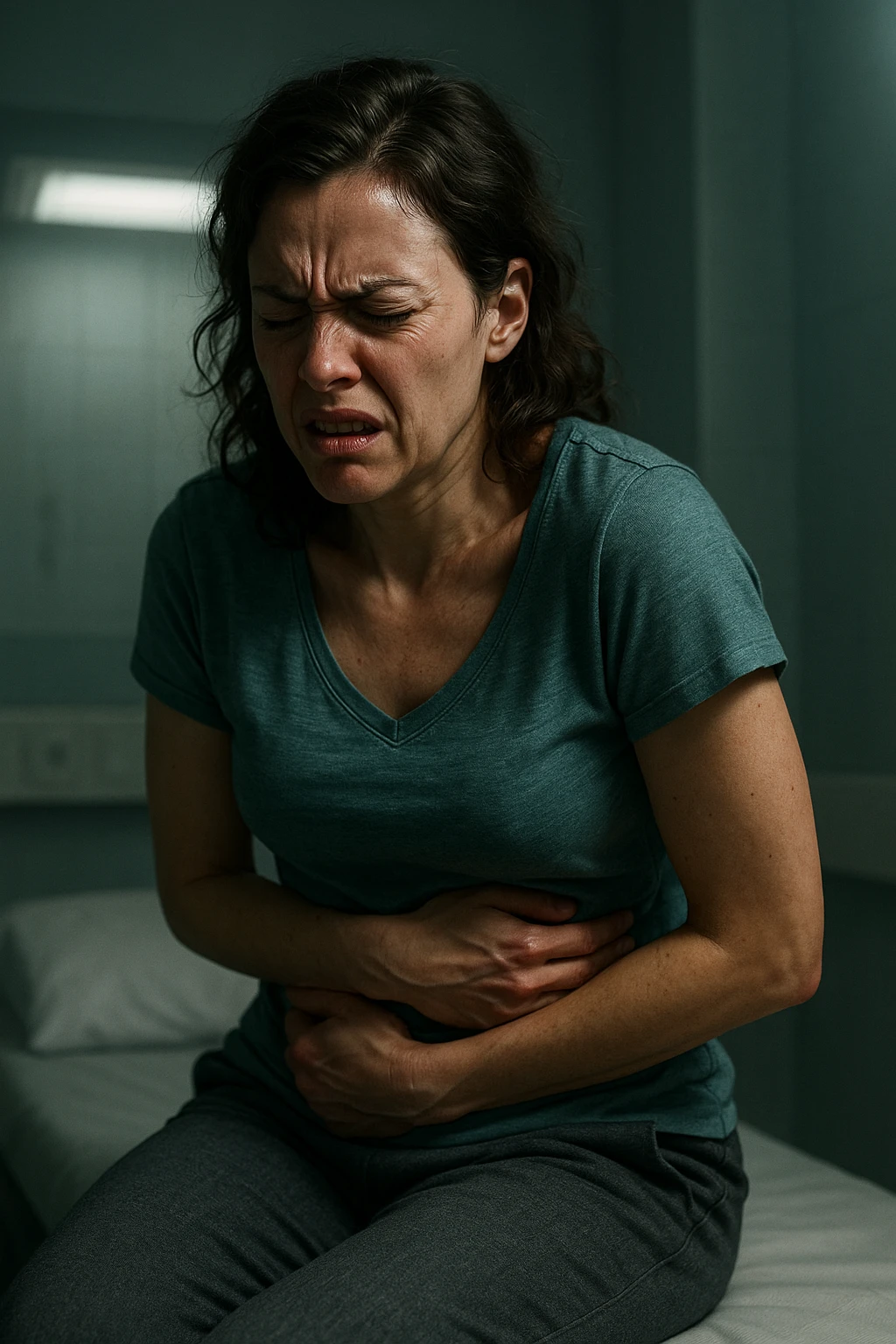 realistic and cinematic illustration of a woman suffering from severe cramps and irritability due to premenstrual syndrome, painful expression, contracted posture, clinical atmosphere, dramatic lighting, realistic details, no text, vertical format 2:3 emoji