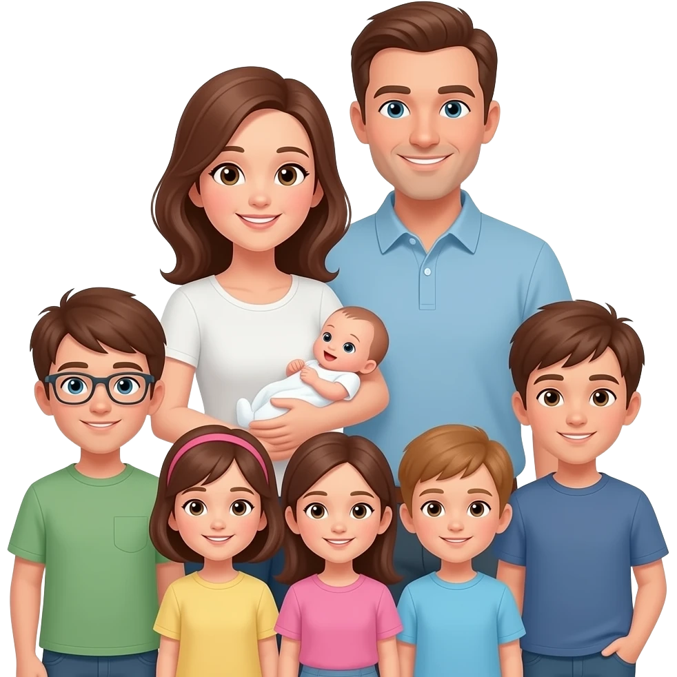 family of 8 white people and all with brown hair with 2 parents mom holding a newborn baby girl and dad with 6 kids in age order- girl-13, boy-10, boy-10, girl-8, girl-1 emoji