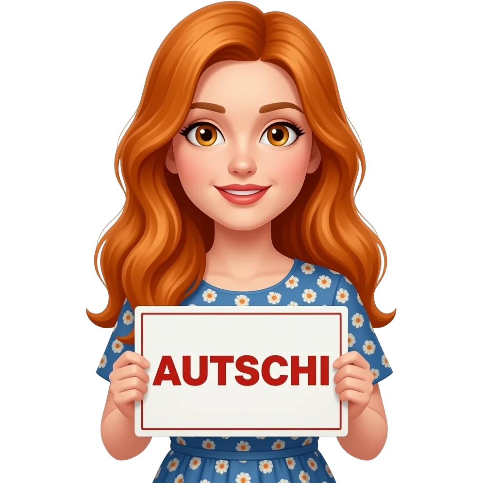 sexy girl with overlong ginger hair and ginger eyes wearing a dress holding AUTSCHI sign emoji