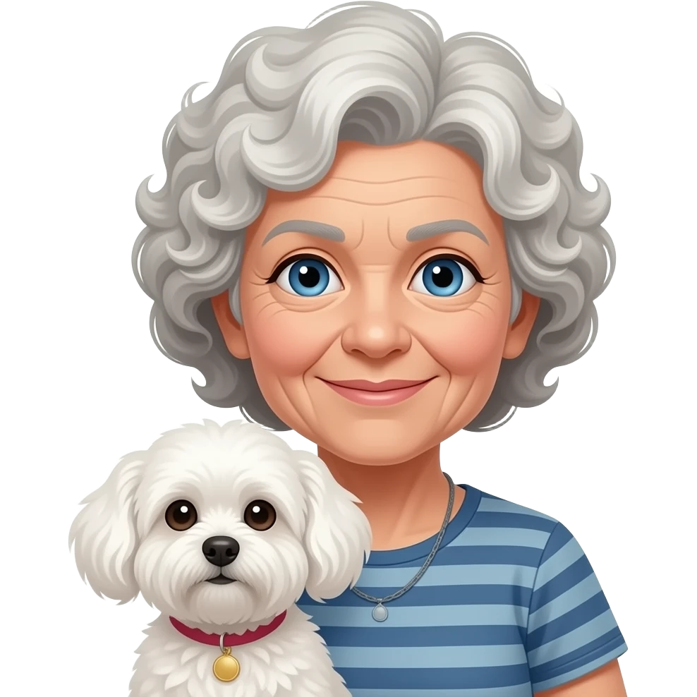 Elderly woman blue eyes very curly hair with maltese dog emoji