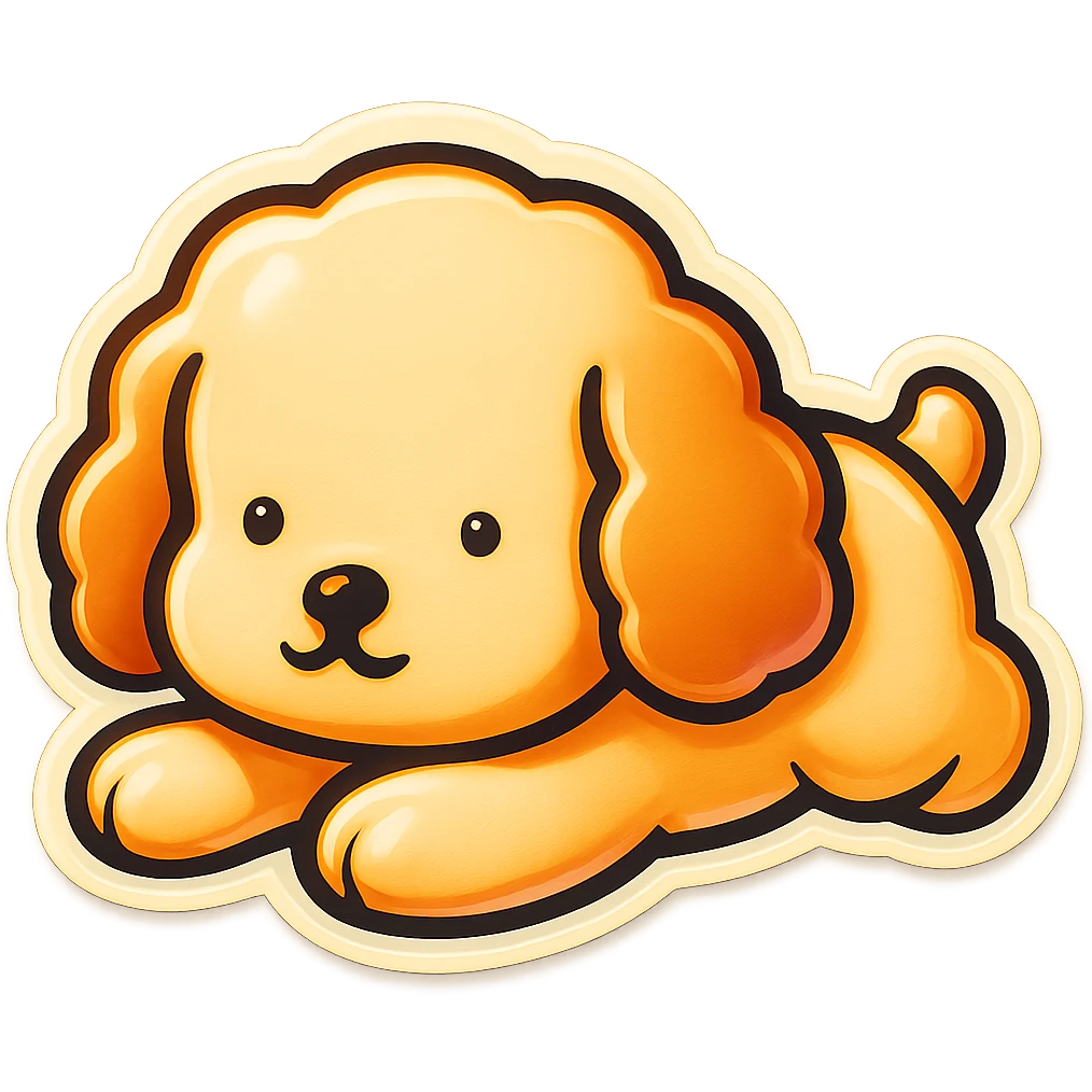Edit the sticker of the cute dog character lying on its belly with a white background, maintaining the original retro stickers style. emoji