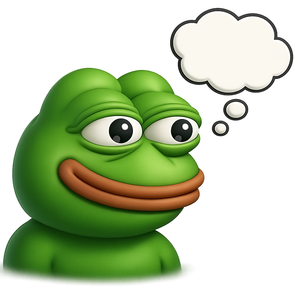 make a pepe in bright green smiling with thought bubble looking at right side in 3d style, good highlights and shadows, drop shadows emoji