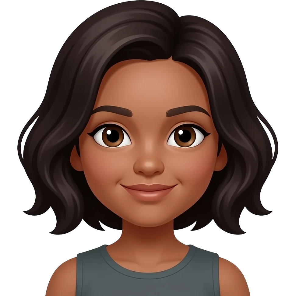 Una niña piel morena cara algo redonda cabello ondulado corto color entre color café y negro ojos cafés y cabello en capas emoji