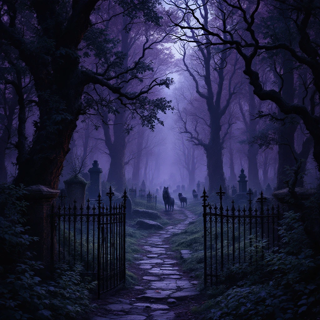 a fantasy dark forest, haunted, graveyard, iron fences and stonework, trees, wolves in the distance, thick woods, deep dark purple myst emoji