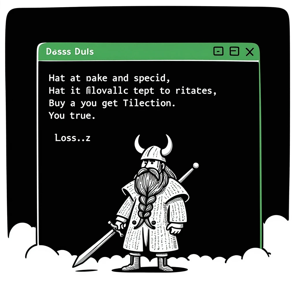 Retro computer command prompt window with the prompt 'Doss', featuring a detailed ASCII art viking with a beard inside, black and green retro style emoji