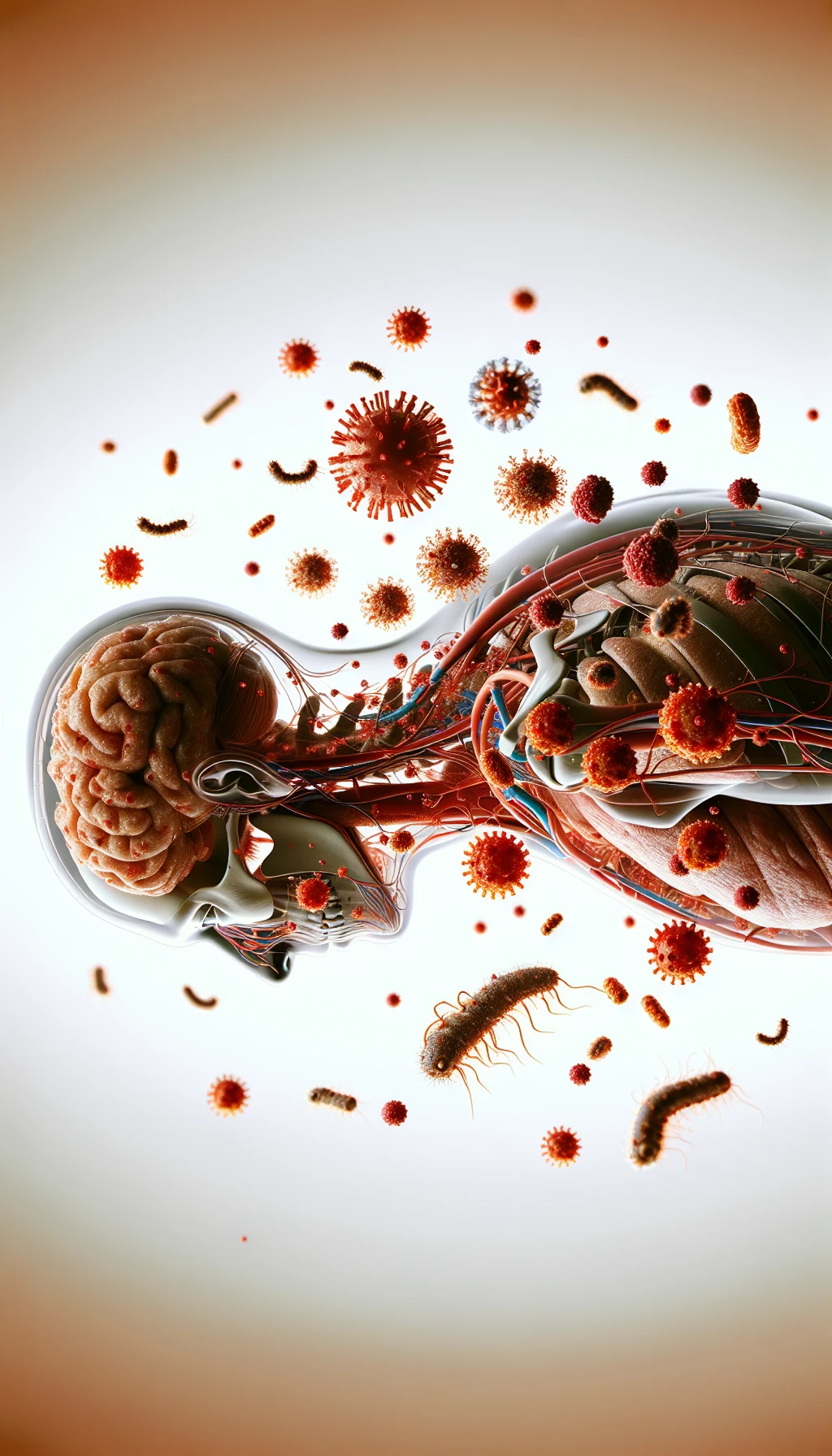 corpo umano anatomico di profilo con virus e parassiti che cercano di attaccarlo , isolato su sfondo bianco, iperrealistico 4k emoji