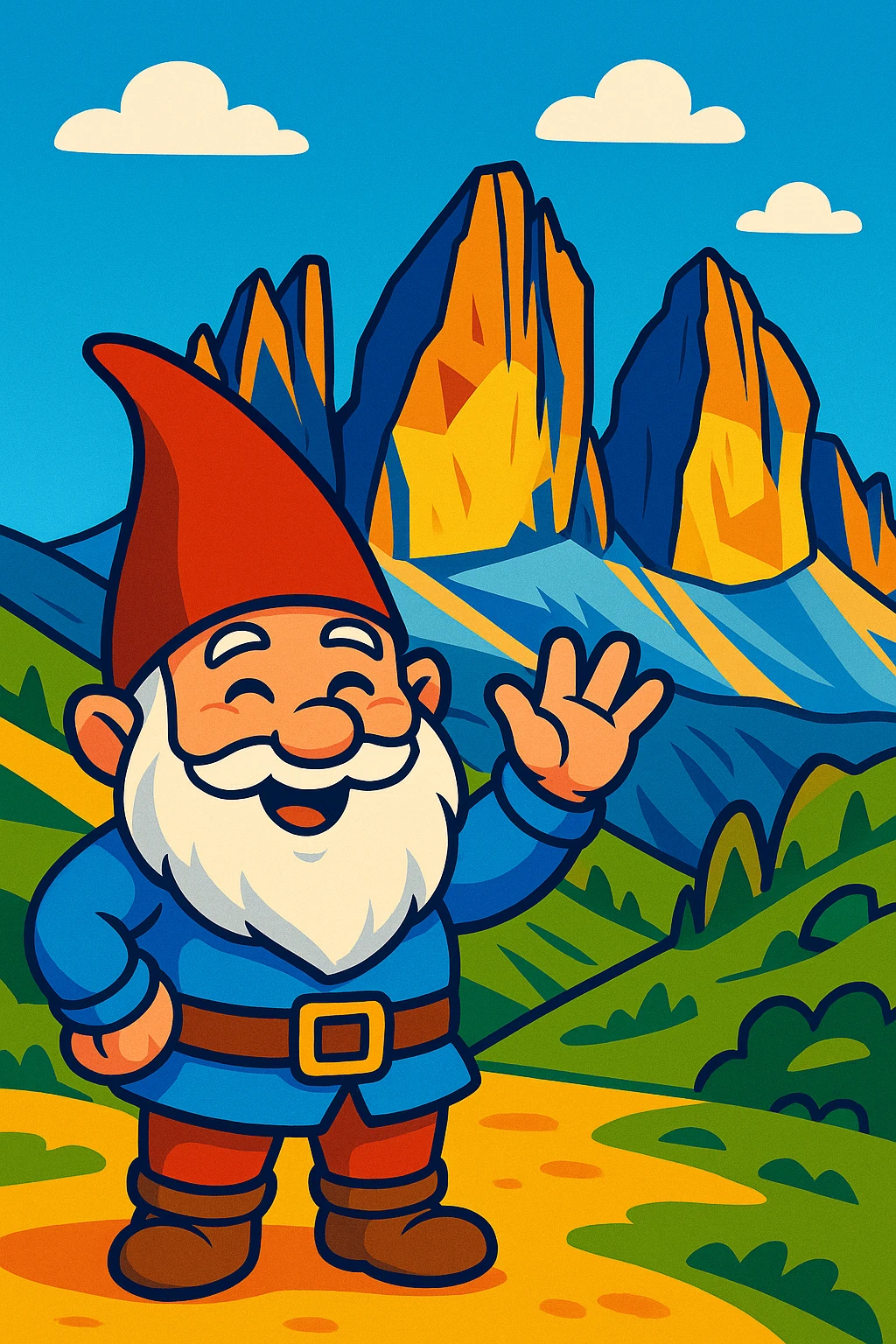 cheerful gnome waving in front of the Tre Cime di Lavaredo mountains, Dolomites, with clear blue sky, colorful and friendly style emoji