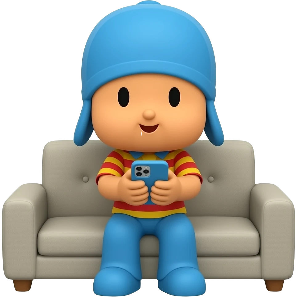 Genera un personaje de POCOYO con playera de rayas y jugando con su celular sentado en un sillon emoji