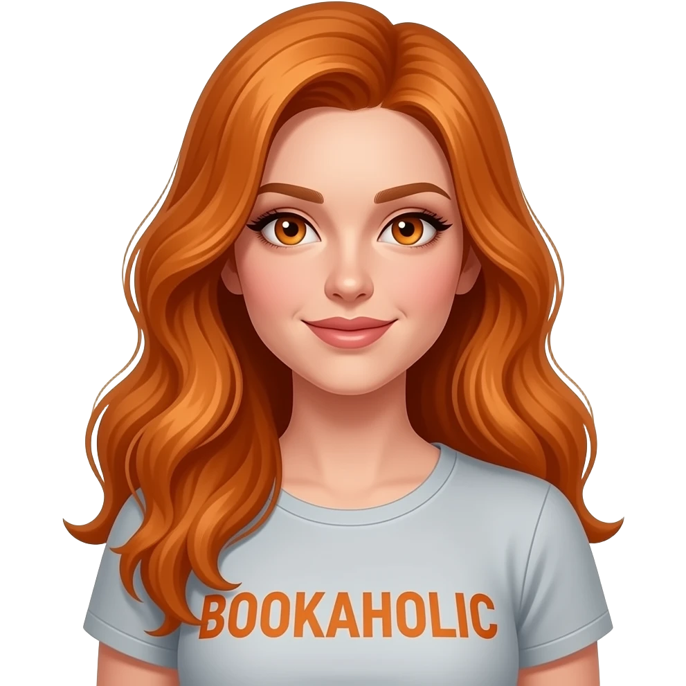 sexy girl with long ginger hair and ginger eyes a top with BOOKAHOLIC written on it emoji