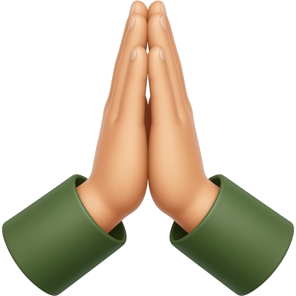 simple sticker of folded hands (praying gesture) with is dark olive greensleeves, emoji