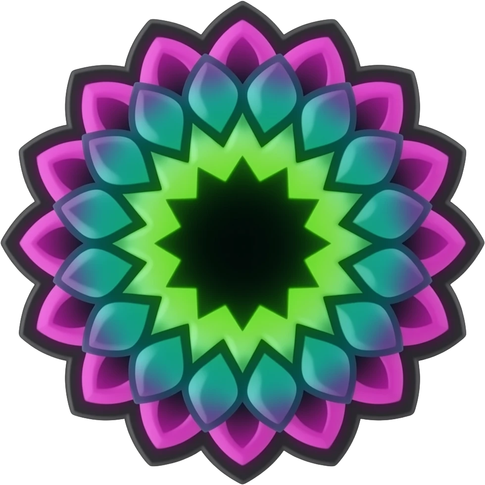 Hyper-realistic neon lime green to dark teal, to fuchsia pink, to black, beautiful isolated 3d rendering mandala pattern, high definition, must have no emoji faces, no emoji icons, no human figures. emoji