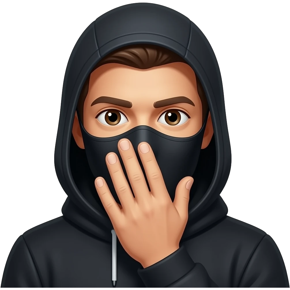 Homem vestido com máscara de hacker de preto tampando a cara com uma mao, com a mão no meio da cara emoji