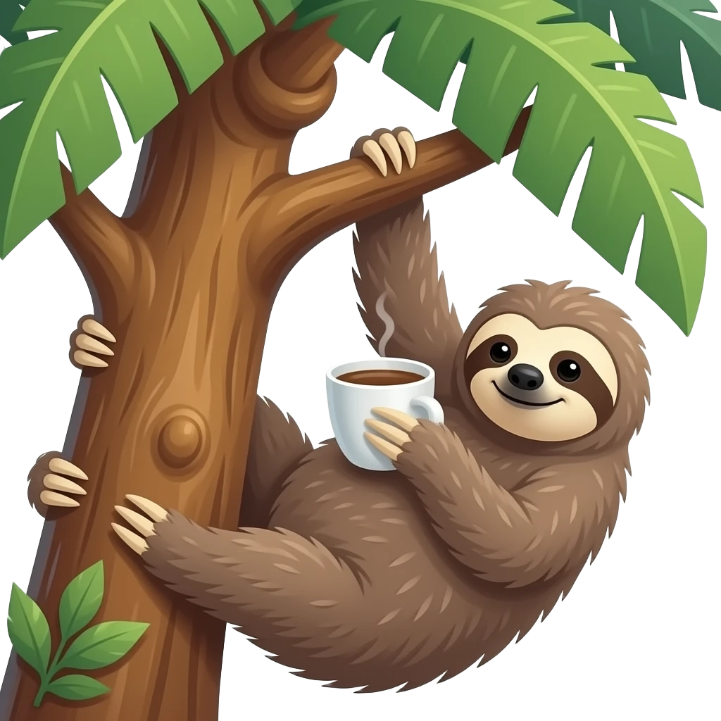 sloth on big tropical tree drink coffee hanging emoji