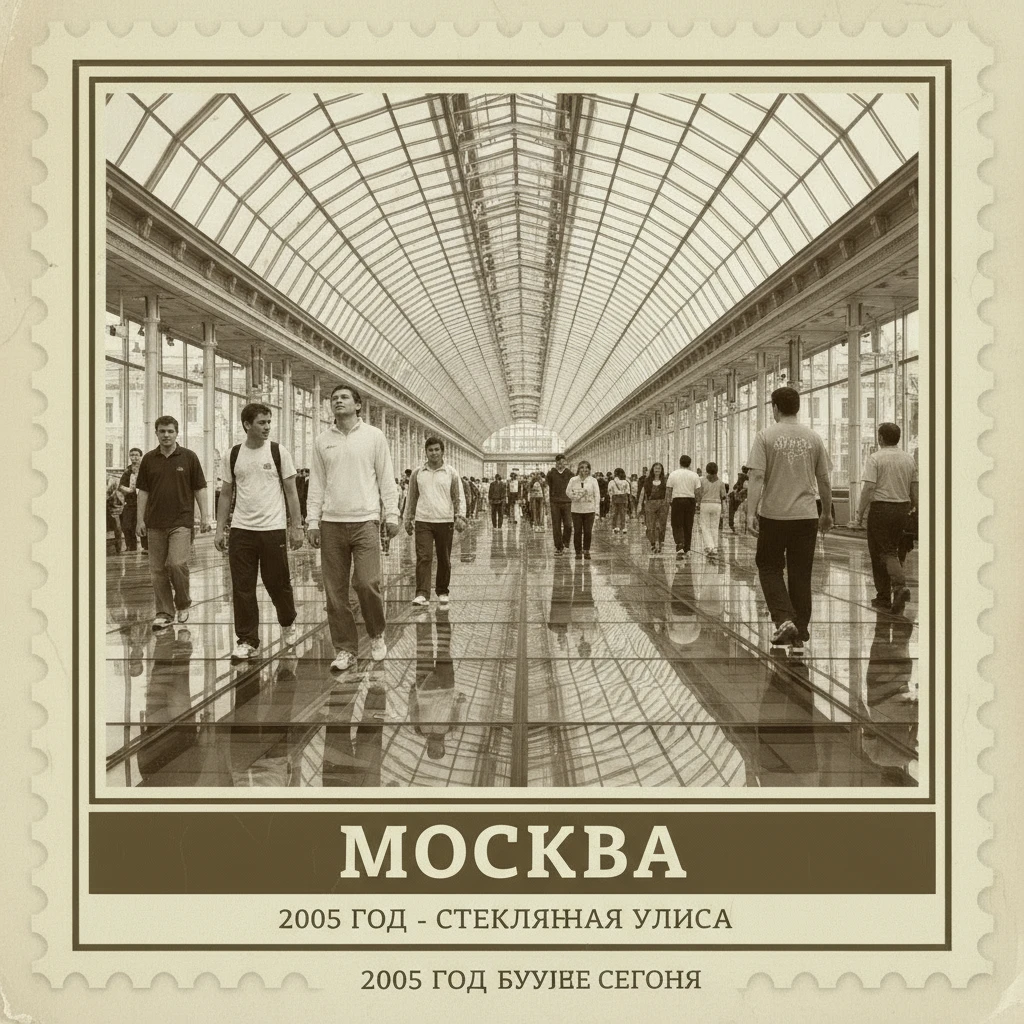 Полностью стеклянная улица в Москве (сверху также накрыта стеклянными арками), по которой гуляют люди, машин нет. 2005 год.

Стиль - фотореализм.

Стилизуй под марку с фото emoji