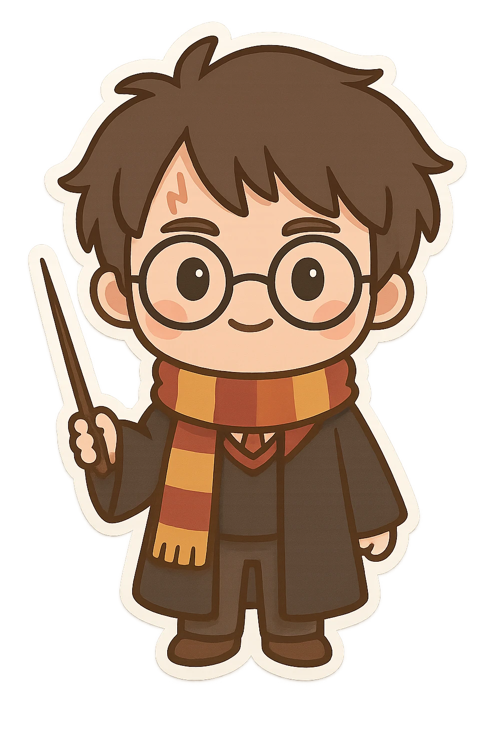 Harry Potter as a chibi cartoon, holding a wand, Gryffindor scarf emoji