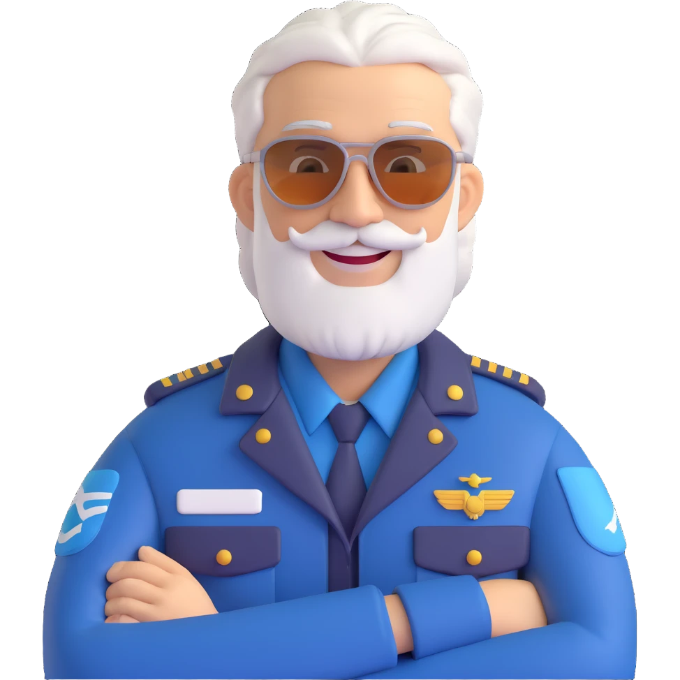 middle-aged male pilot, silver hair, beard, smiling, fair skin, wearing sunglasses emoji
