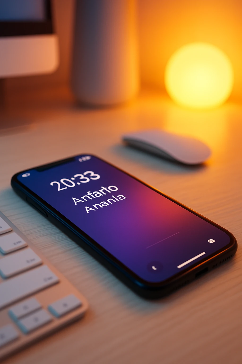 A photo of an iPhone on the desk with the message "Antonio Anania" on its screen, The phone sits atop a desk with a blurred background that suggests work environment. A faint glow from above casts gentle shadows across the surface of each object, creating depth and highlighting their textures emoji