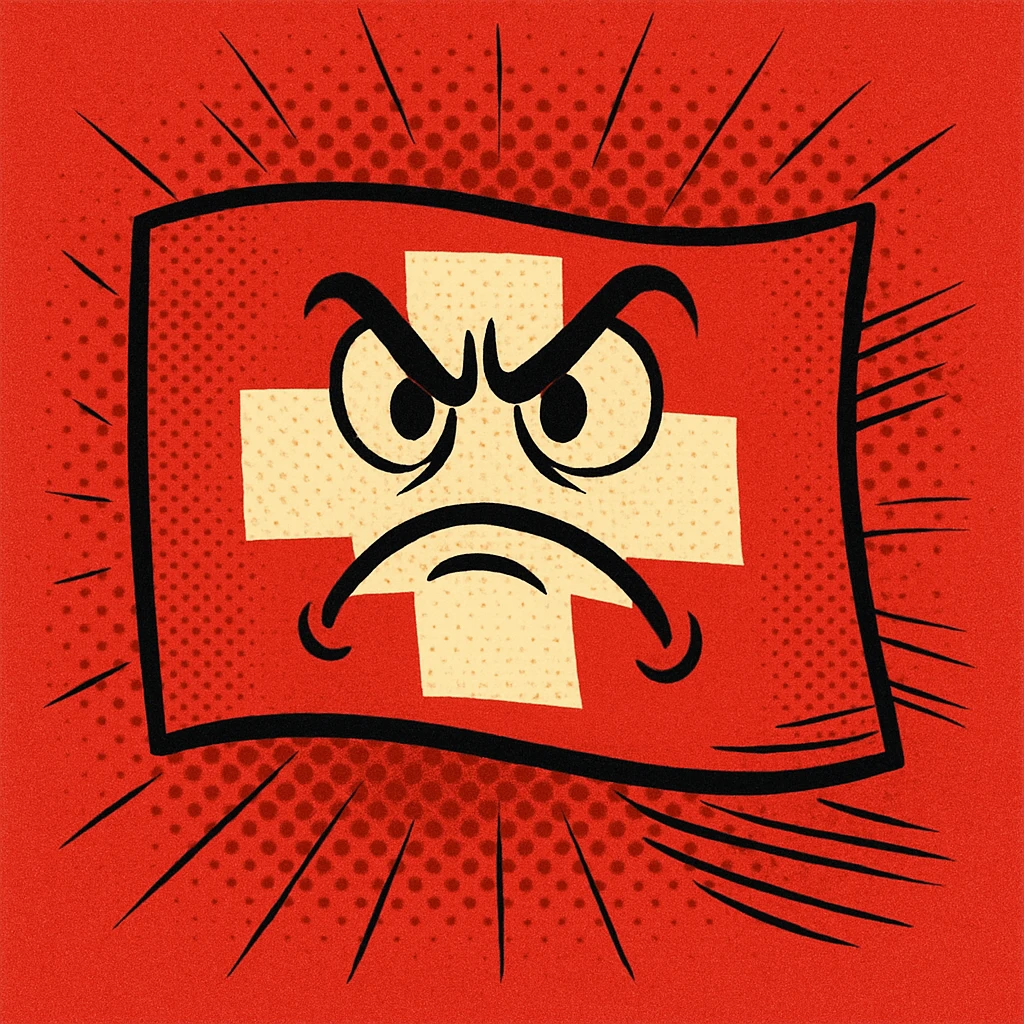 an angry Swiss flag with furrowed brow, comic illustration style, strong red background emoji