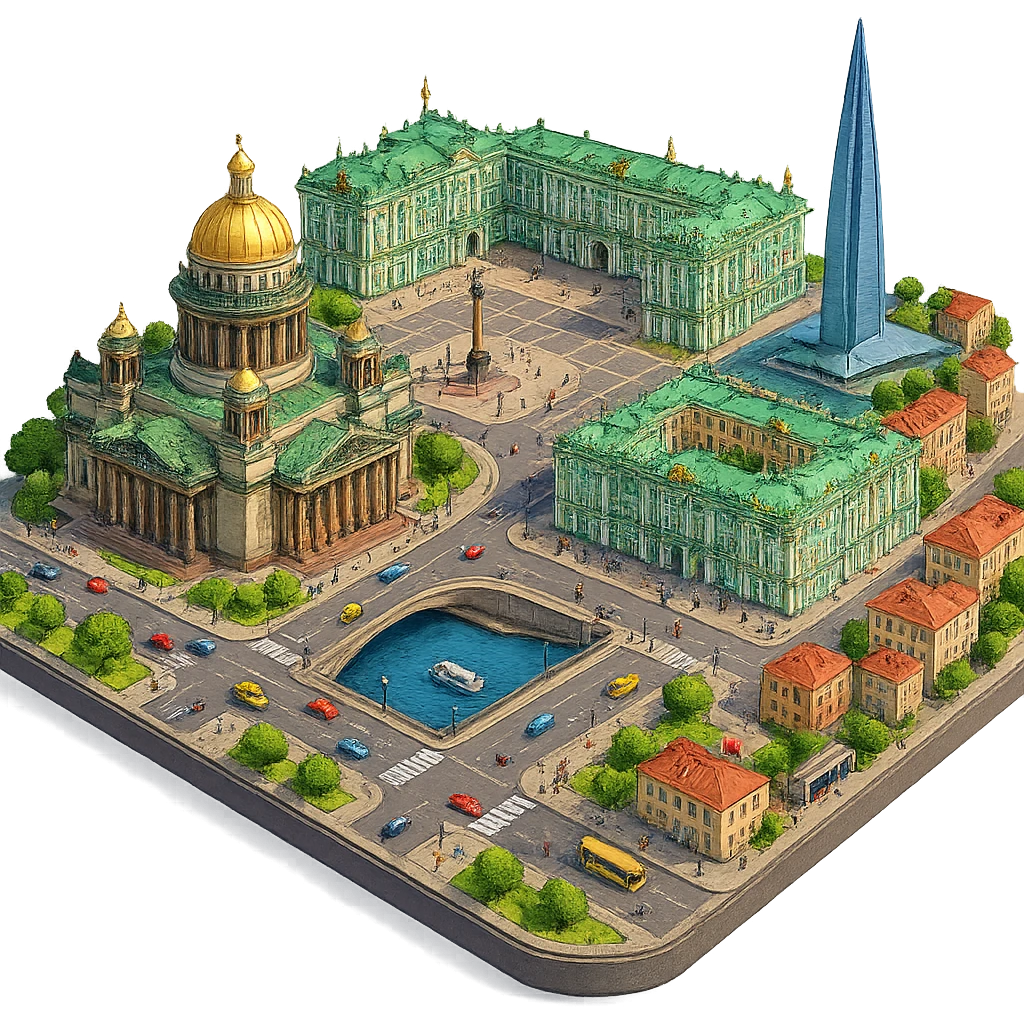 Изометричная миниатюрная фотореалистичная 3D модель Санкт-Петербурга на подставке - Исаакиевский собор, Дворцовая площадь, Зимний дворец и другая центральная часть города, Лахта-центр, четкая детализация, яркие цвета, мультяшный реализм, люди, автотранспорт и метро, компактная композиция, вид сверху в изометрии, прозрачный фон emoji