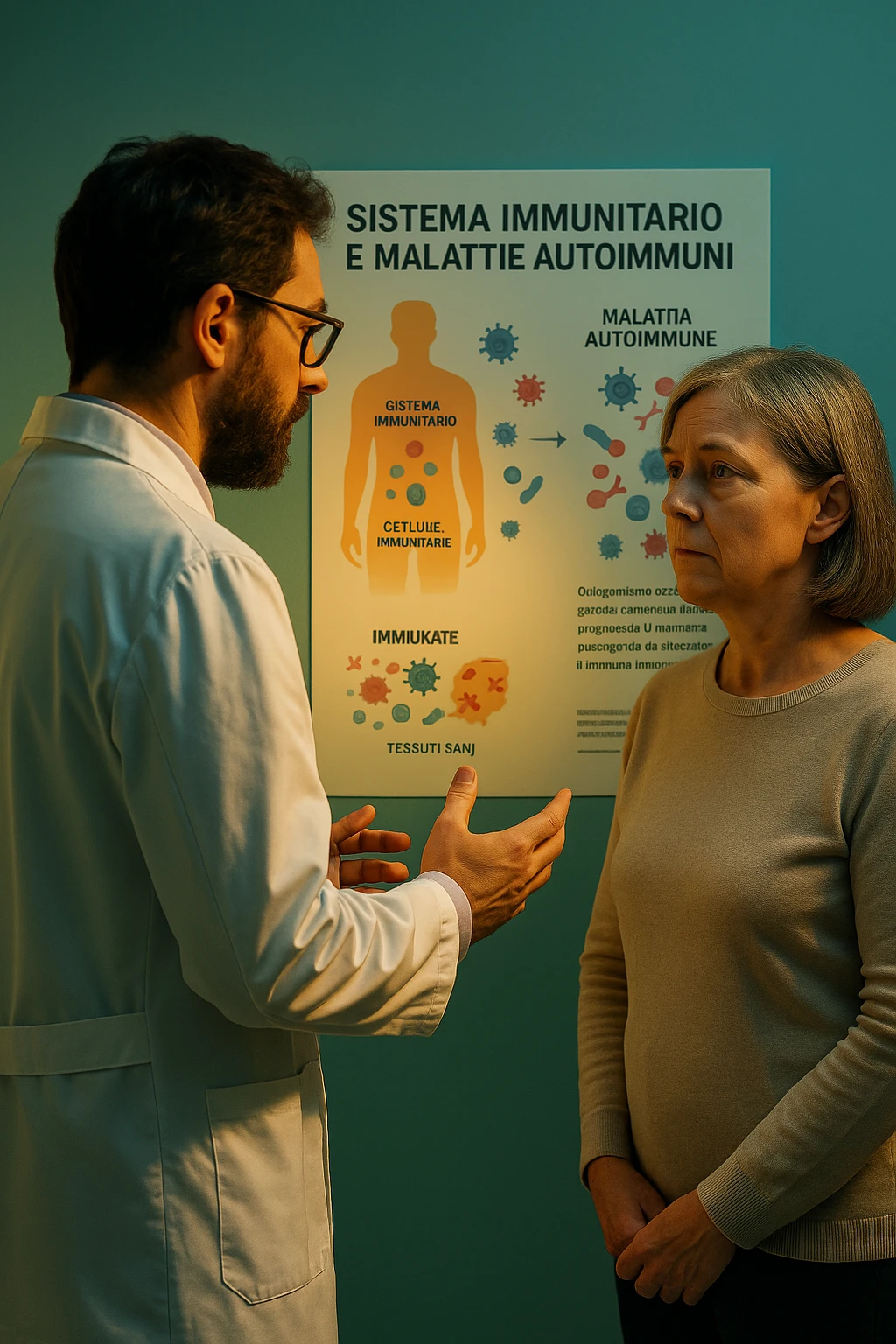 Foto tutta in italiano Realistic, detailed photo taken from behind of one doctor e un paziente —a bearded man and a middle-aged woman—standing and facing each other as they discuss an autoimmune disease diagnosis in front of a medical chart that displays information about the immune system and autoimmune conditions. The scene is illuminated by a yellowish, orange, warm light that softly envelops the doctors. The entire room is bathed in a single green-blue color, creating a cohesive and modern atmosphere. Both doctors wear white coats, and their body language suggests a serious, professional conversation about the complexities of autoimmune diseases. Shot with a Canon EOS R5, with high detail and natural depth of field. scritto in italiano emoji