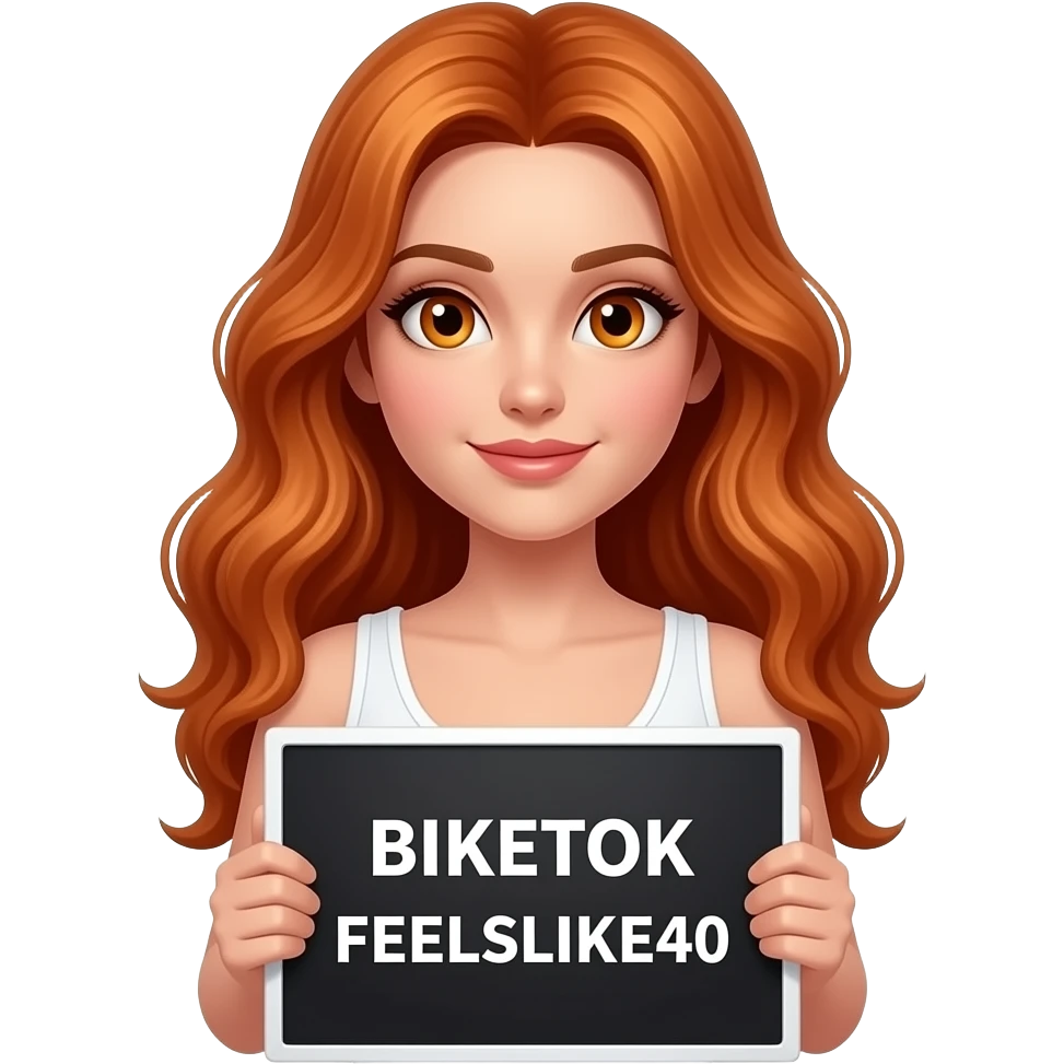 sexy girl with long wavy ginger hair and ginger eyes wearing a white tanktop is holding a black colored sign with BIKETOK FEELSLIKE40 written on it emoji