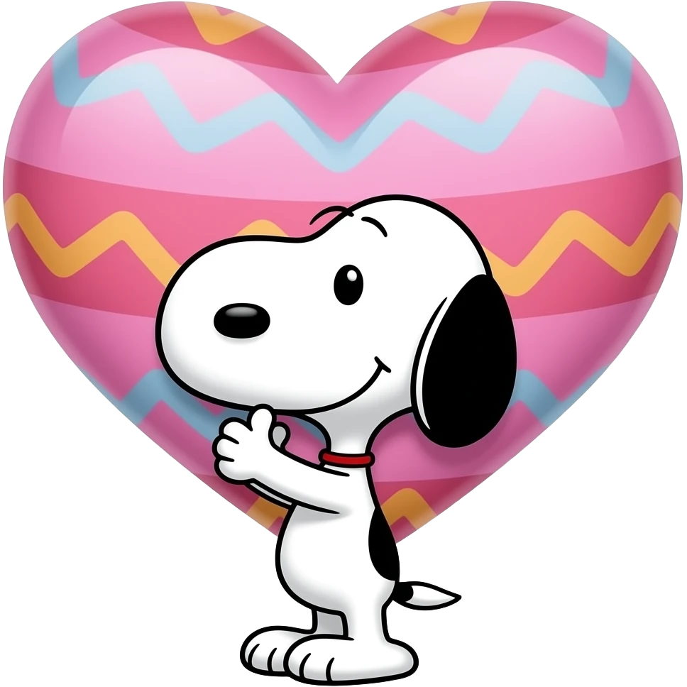 Bigger heart with cute easter design inside with very small snoopy standing under the hearthead HOLDING THE OVERSIZED HEART OVER HIS HEAD but not inside the heart emoji