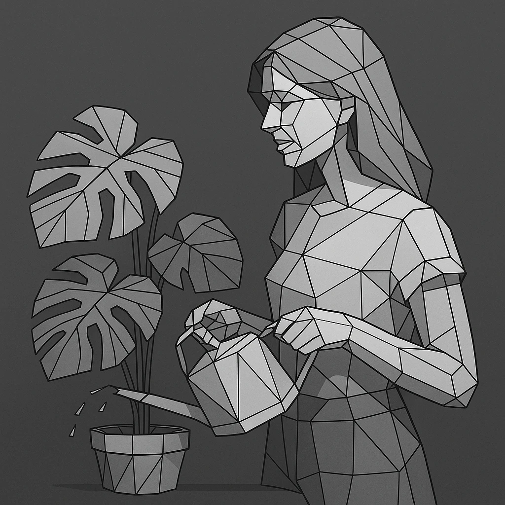 woman watering her monstera plant emoji
