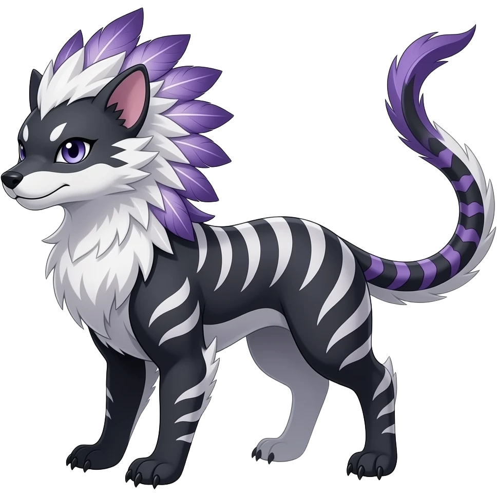 Thylacine-stripe-patterned majestic feathery elegant realistic stylish Furry, feathery fluffy tropical flecked painted feathery scaly, Purple, white, black, Minccino-Bambino-Lykoi-Linoone-Zangoose-fusion-hybrid-animal-Fakémon-creature, full body, thin long sleek scaly tail, intricate markings emoji