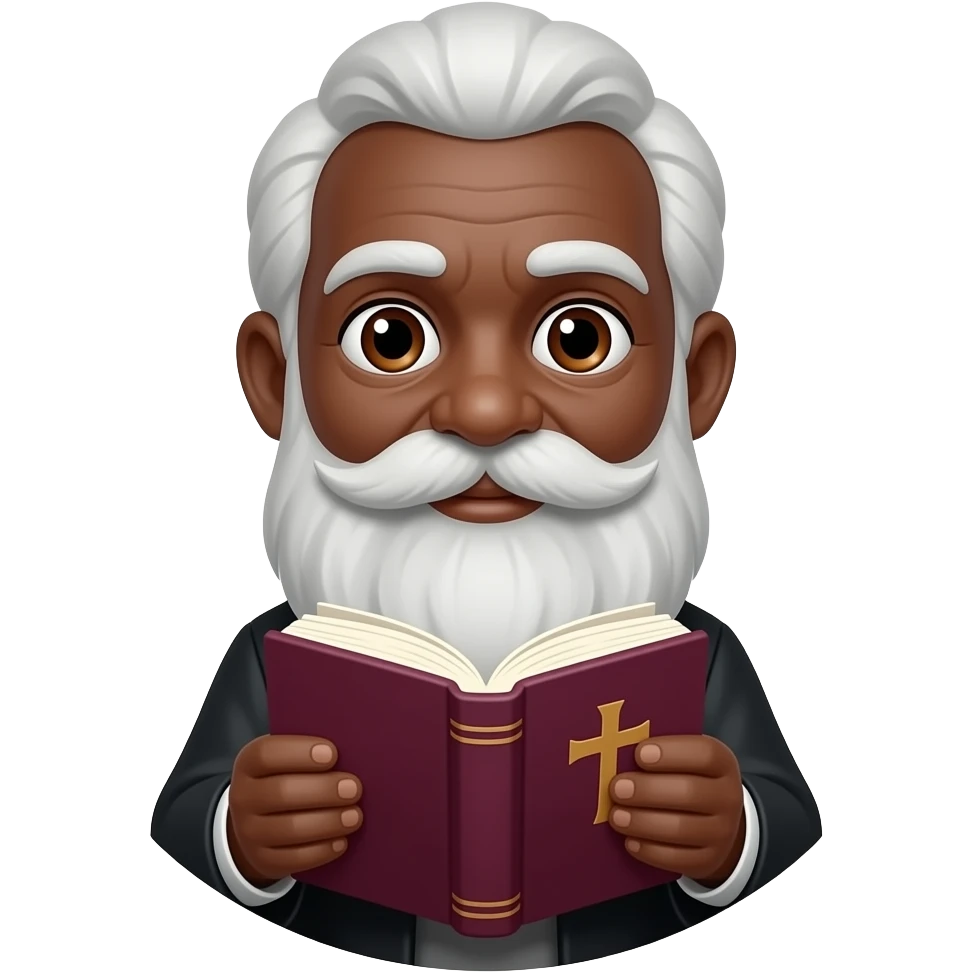wise old man with greying white hair brown eyes white beard black skin with burgundy book that has a cross on it no circle emoji