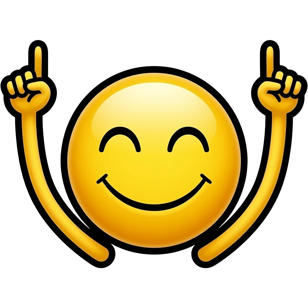 Emojis jaune lui 😌 avec les deux bras levés vers le ciel, les index pointés vers le haut, visage souriant les yeux fermés de joie,contours noirs épais, fond blanc, style autocollant, avec l’emoji de base que la tête et le bras  sans le corps avec l’emoji de base et sans le haut de corps que tete emoji