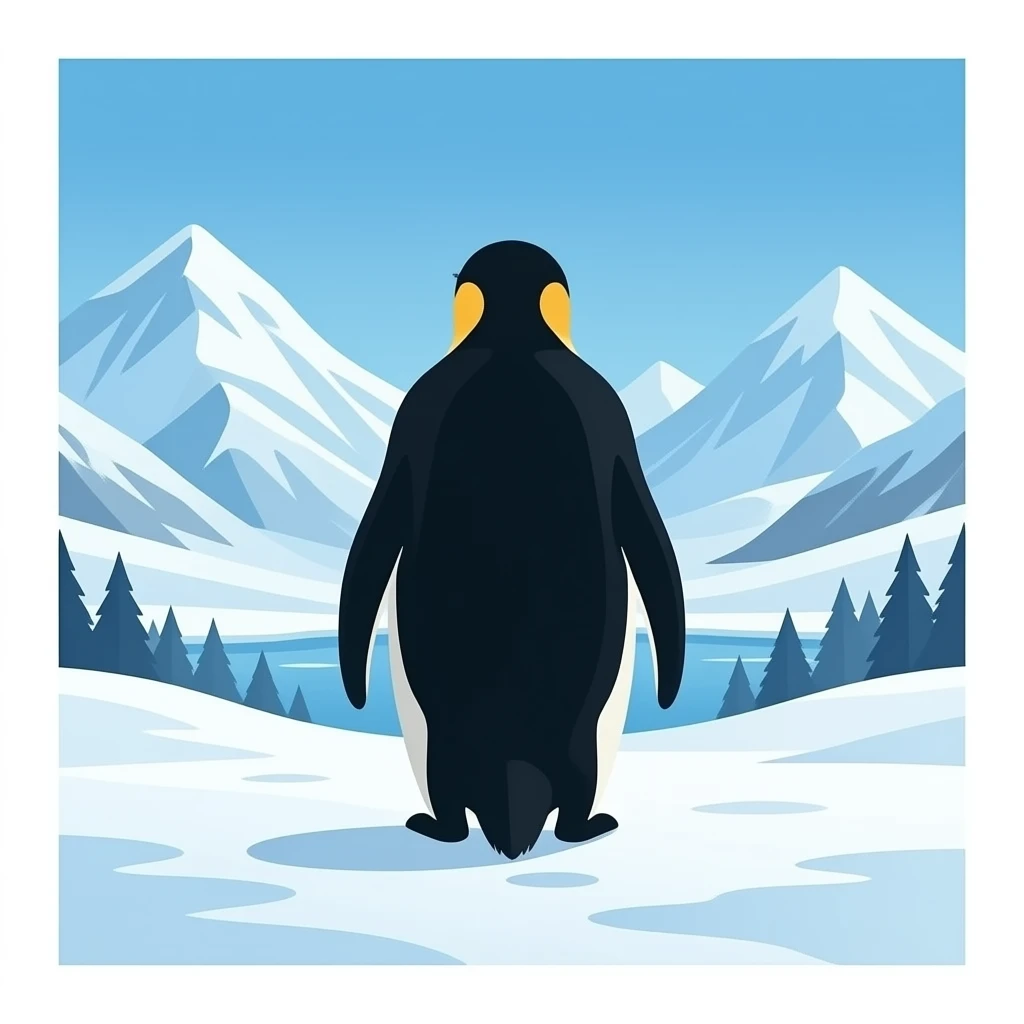 Back of a penguins silhouette against icy mountains emoji