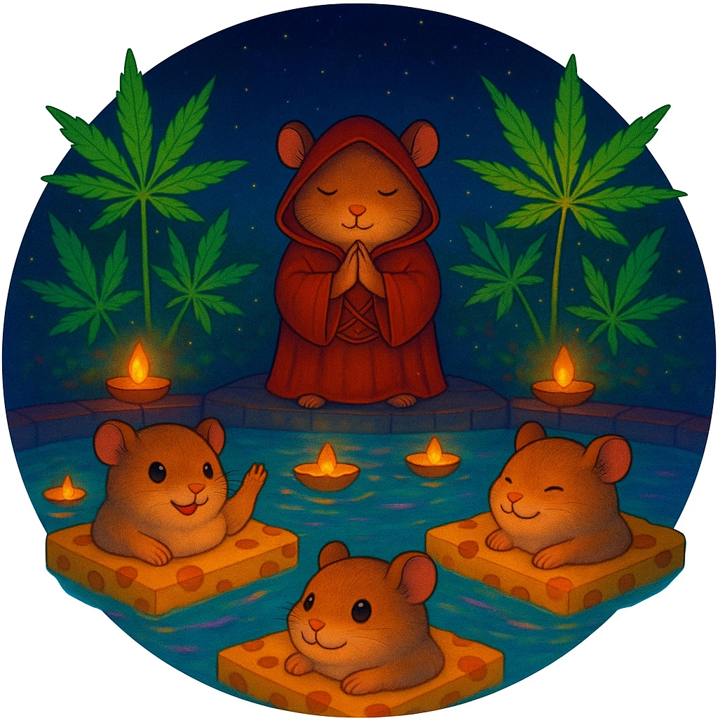 Reformat the image for a Discord server icon: crop to a centered, simple, circular composition, keep the main hamster cult pool party theme, vibrant Ghibli style, clear at small size. emoji