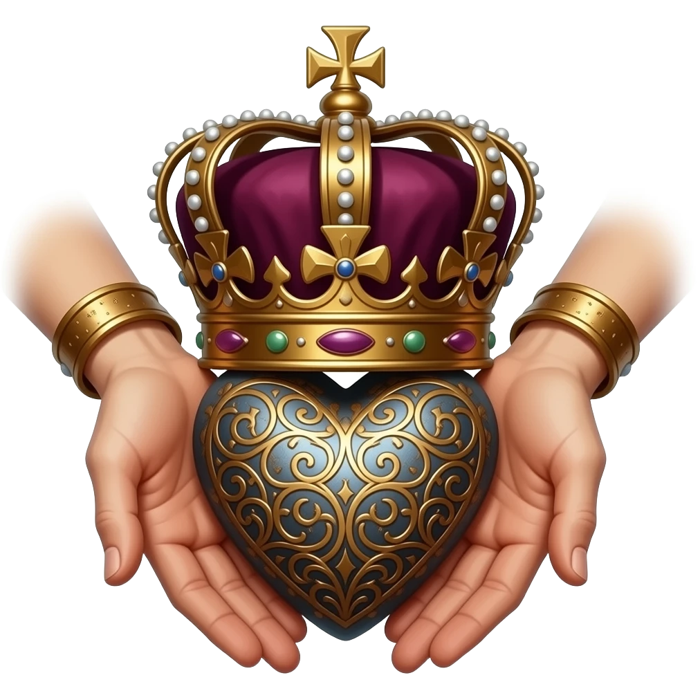 two elegant  hands with bronze bracelets touch with their fingers a rusty heart richly ornamented with arabesques with a richly decorated royal crown,  (fingers are facing down and palms are facing up)   - dramatic lighting - backlight emoji