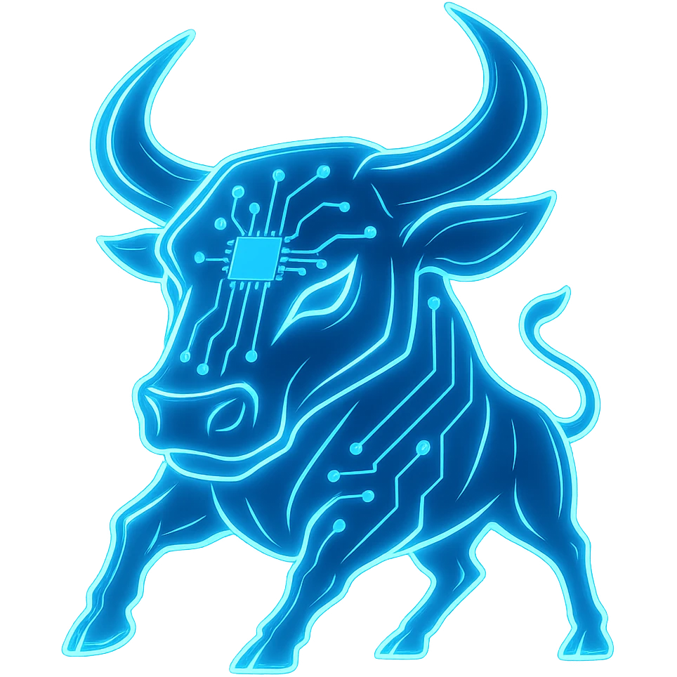 Combine elements from both reference images to create a bull logo in a modern, tech-inspired style with a glowing blue effect. Emphasize a sleek, futuristic look with luminous blue highlights on a transparent background. The style should be sleek, futuristic, and tech-inspired with glowing blue accents. emoji
