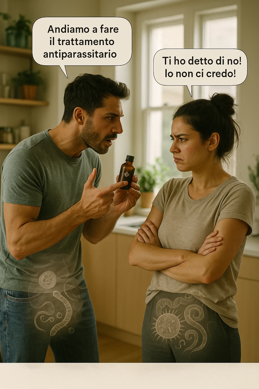 A highly realistic, cinematic photo of a young couple in their early 30s having an argument in a bright modern kitchen. The man, athletic build, wearing a casual T-shirt and jeans, is speaking firmly with a raised hand holding a small amber glass bottle labeled with a subtle herbal symbol, saying 'Andiamo a fare il trattamento antiparassitario' with a determined expression. The woman, with long dark hair tied in a messy bun, casual home outfit, crosses her arms with an angry, defensive expression, replying 'Ti ho detto di no! Io non ci credo!' while slightly turning away. Tension is visible in their body language, with the man leaning forward trying to explain and the woman leaning back, her eyebrows furrowed. Around them, subtle ghostly overlays of microscopic parasites are faintly visible near their abdominal areas, symbolizing the hidden reason for the argument. The kitchen is bright and modern with plants and natural light, contrasting the emotional tension. The style is hyperrealistic with warm tones and shallow depth of field focusing on their facial expressions, illustrating the conflict between belief in natural treatments and skepticism within the couple regarding hidden parasitic infections. in italiano emoji