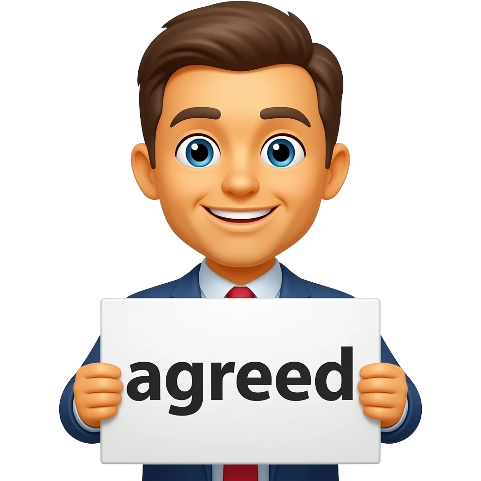 Yellow smiley face holding up a sign that says "agreed" emoji