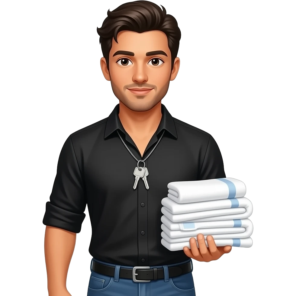 Handsome Spanish guy in black shirt wearing keys around him walking with a bunch of towels in his hand emoji