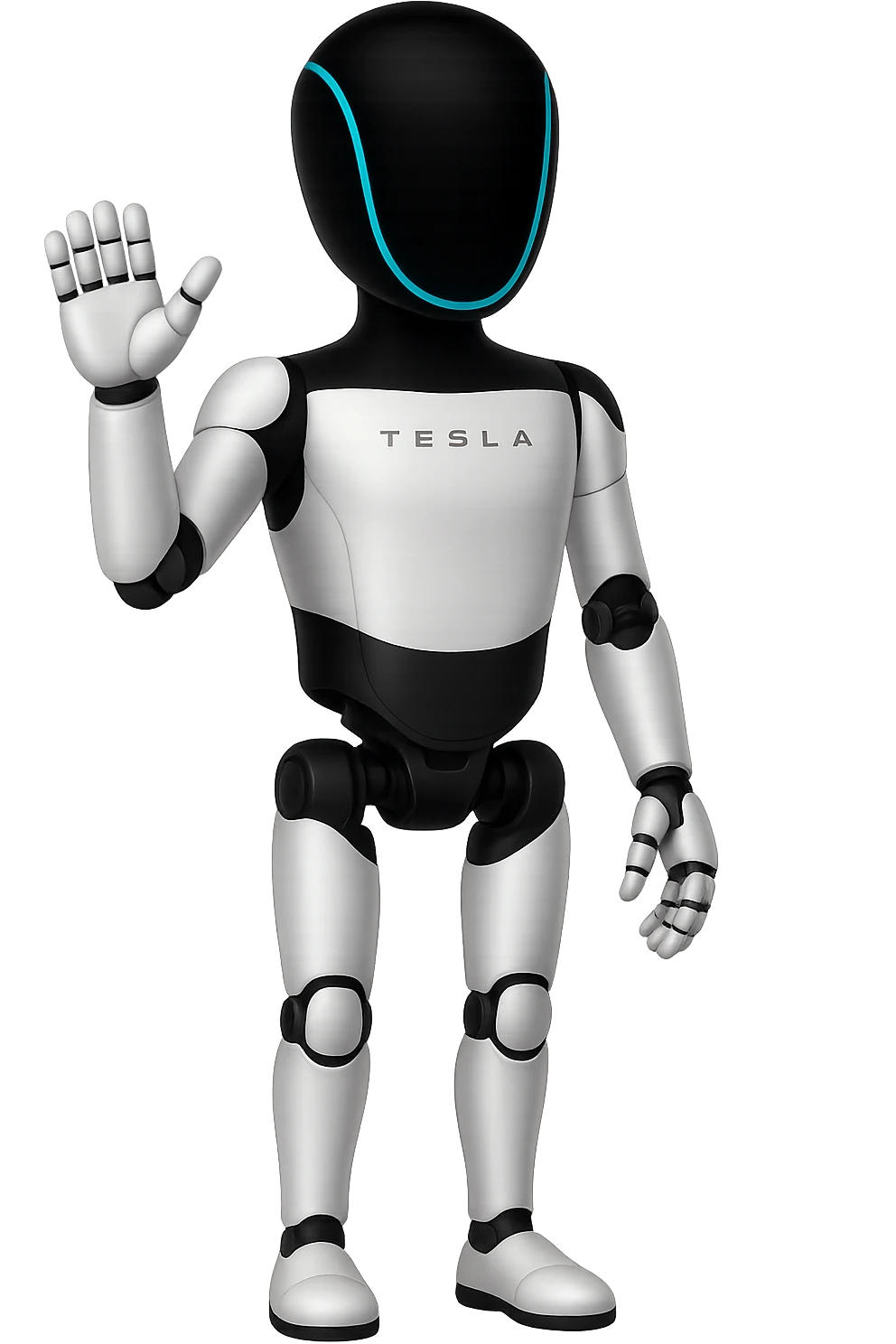Create a fullbody Tesla robot emoji with the exact head from the reference image in the style of Apple emojis. The robot should be waving its hand. The style should replicate the apple emoji style with smooth, colorful, and detailed features. emoji