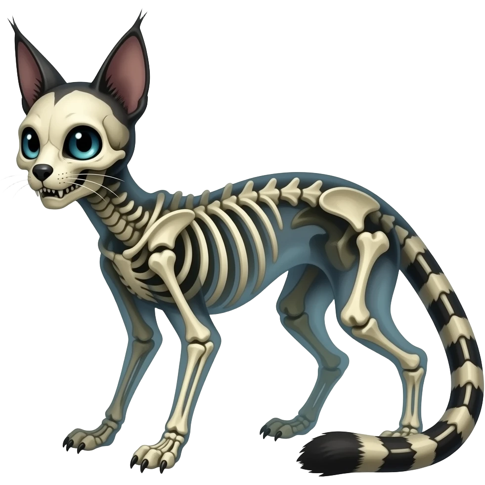 Digitigrade scaly bony skull-faced quadrupedal swampy ghostly dull spectral edgy spooky meager thin cool beautiful skeleton-fantasy-caracal-civet-genet-sergal-vernid-Cacomistle-oncilla-animal-Fakémon-hybrid (full body) emoji