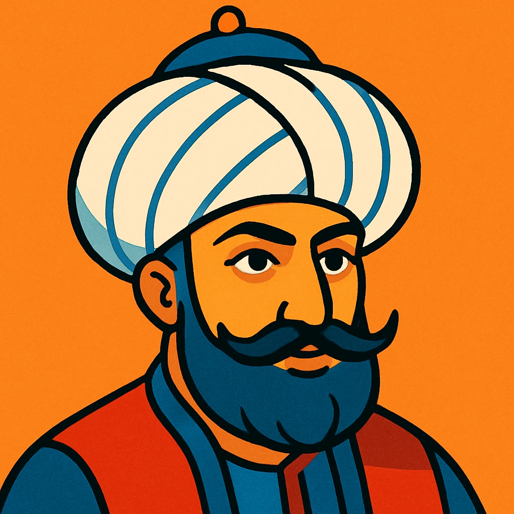 stylized illustration of Sultan Murad IV's head, Ottoman sultan, wearing a traditional turban and mustache, bold lines, vibrant colors emoji